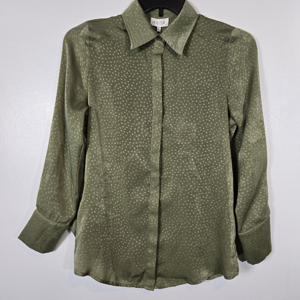 NEW ACOA Olive Green Satin Polkadot Long Sleeve Button Down Blouse Top Small